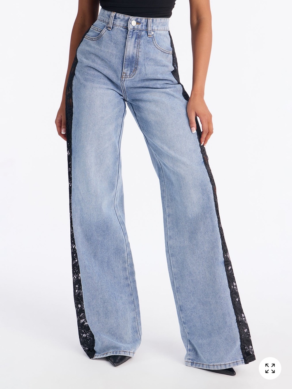 Fashion Nova Light Blue Wide-Leg Jeans with Black Lace Side Panels.